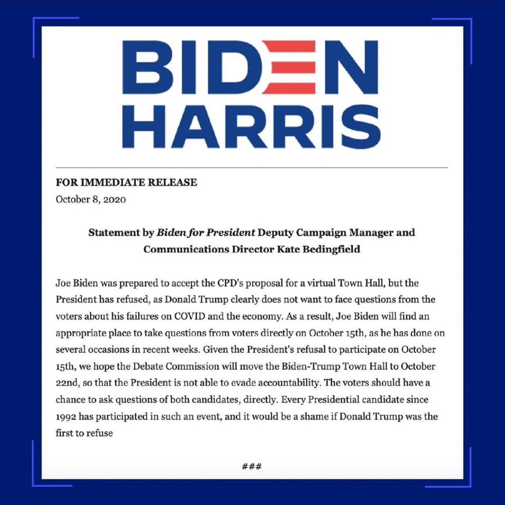 The Biden-Harris campaign released an update saying Joe Biden will take question...