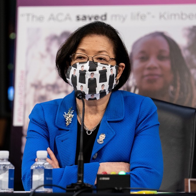 Hawaii Sen. Mazie Hirono wore a mask with illustrations of Ruth Bader Ginsburg o...
