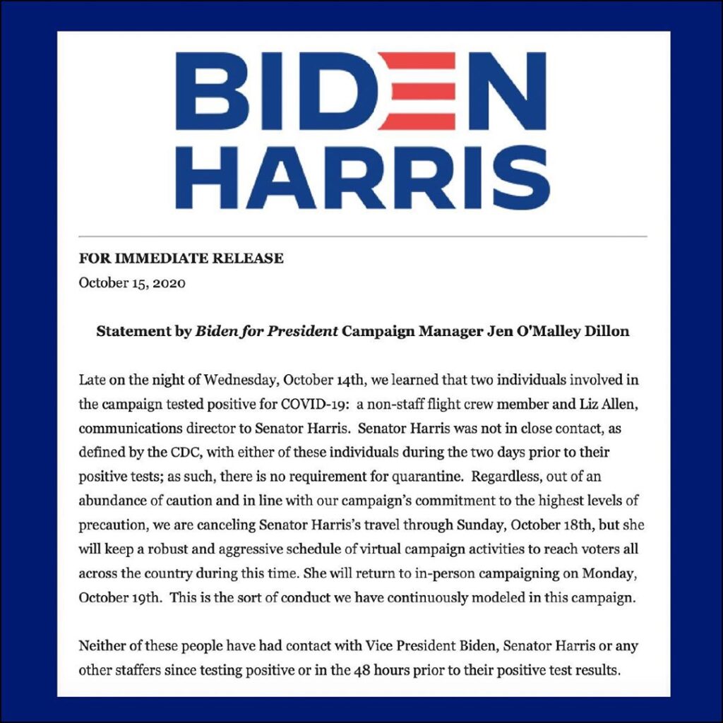 Two members of the Biden-Harris campaign have tested positive for COVID-19. The ...
