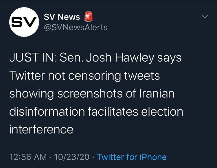 JUST IN: Sen. Josh Hawley says Twitter not censoring tweets showing screenshots ...