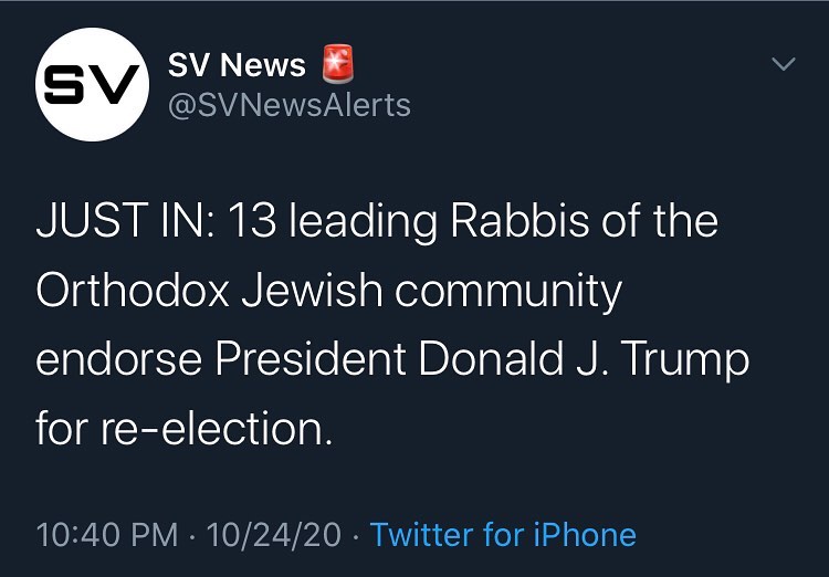 JUST IN: 13 leading Rabbis of the Orthodox Jewish community endorse President Do...