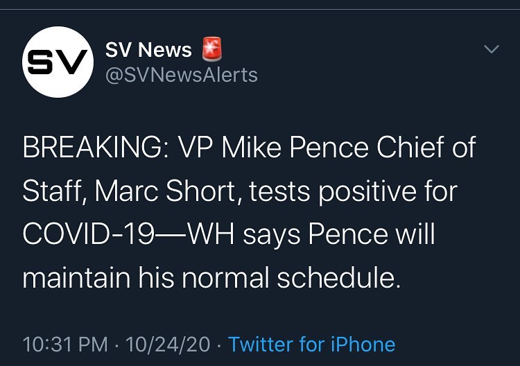 BREAKING: VP Mike Pence Chief of Staff, Marc Short, tests positive for COVID-19—...