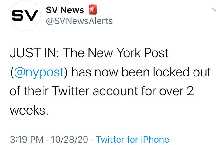 JUST IN: The New York Post ( has now been locked out of their Twitter account fo...
