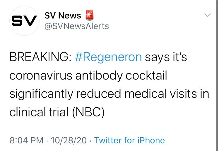 BREAKING: says it’s coronavirus antibody cocktail significantly reduced medical...