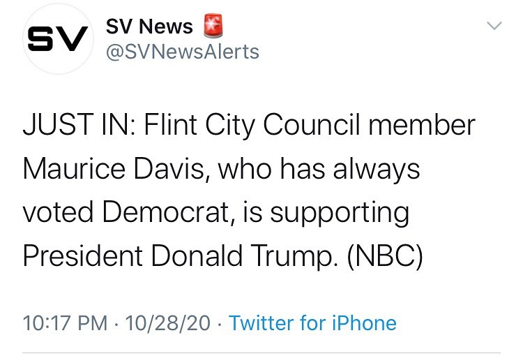 JUST IN: Flint City Council member Maurice Davis, who has always voted Democrat,...