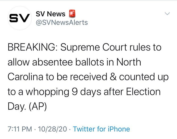 BREAKING: Supreme Court rules to allow absentee ballots in North Carolina to be ...