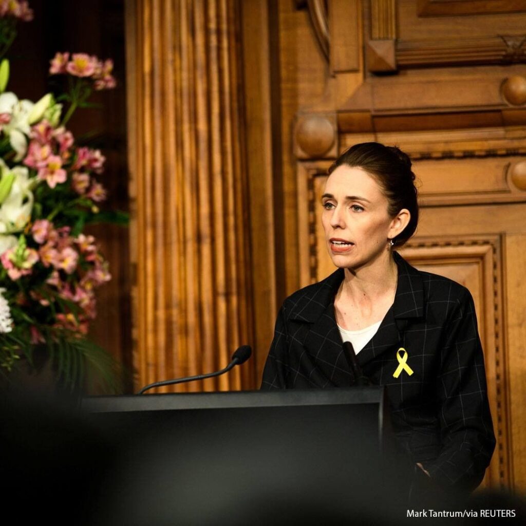 New Zealand Prime Minister Jacinda Ardern speaks during a memorial ceremony for ...